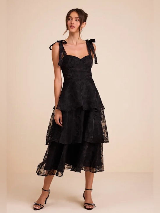 Lulus Dresses & Skirts - Lulu's Black Ruffled Lace Party Dress with Tie Straps